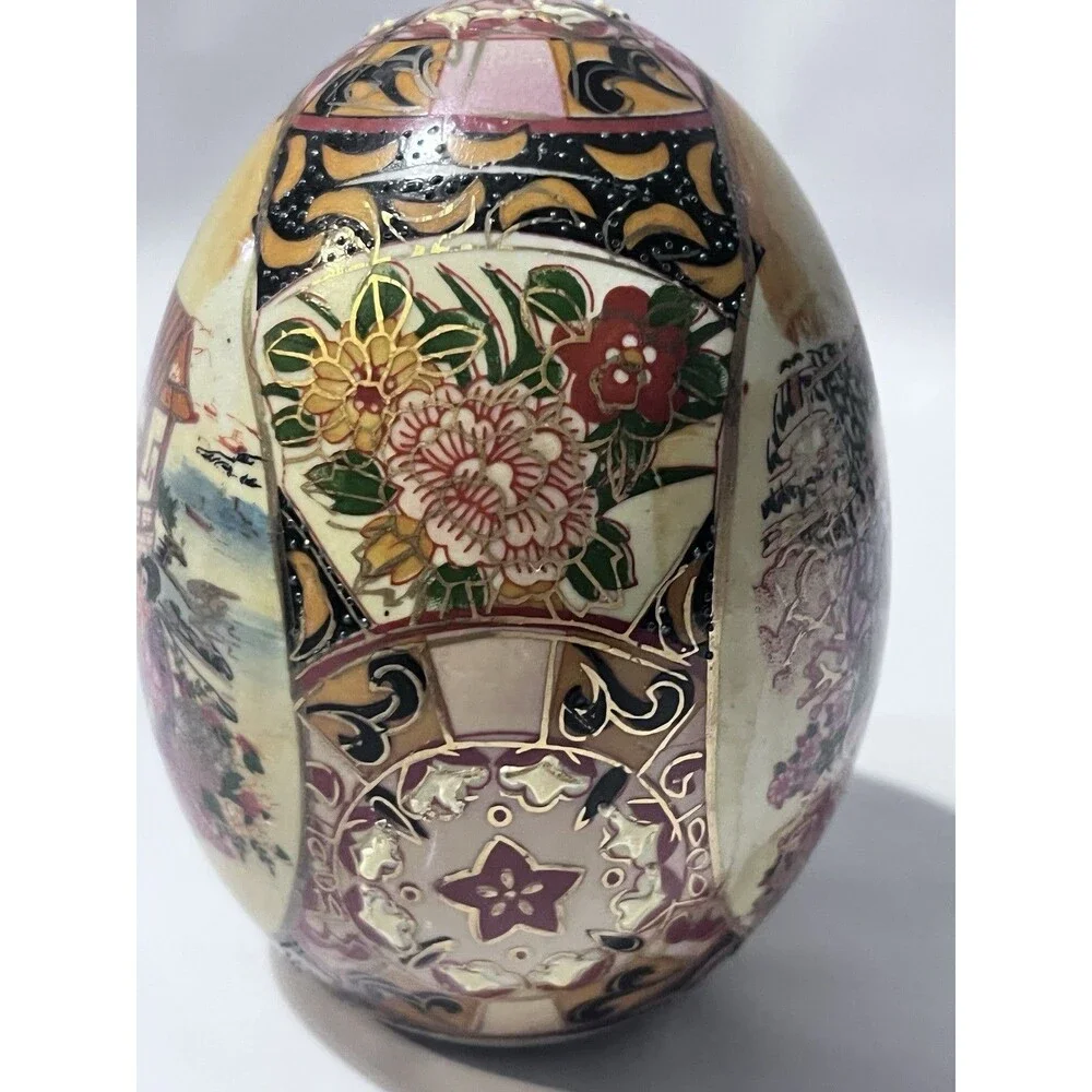 Vintage Japanese Handmade Egg-Shaped Vase Hand-Painted Geisha Scene Decorative A
